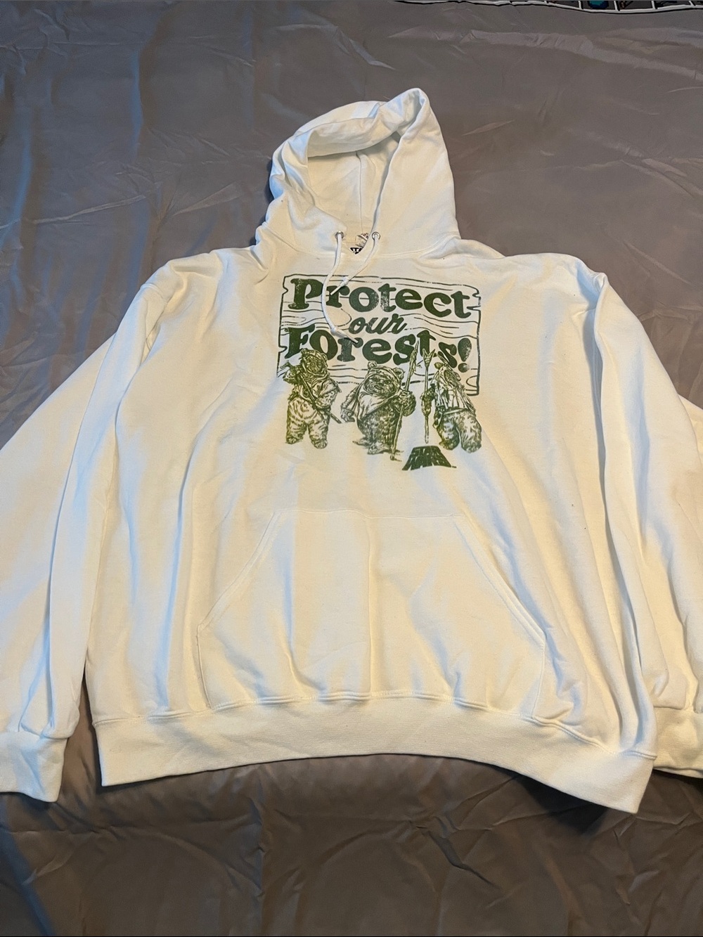 Star Wars Ewok White Hoodie with Green Protect Our Forest Graphic